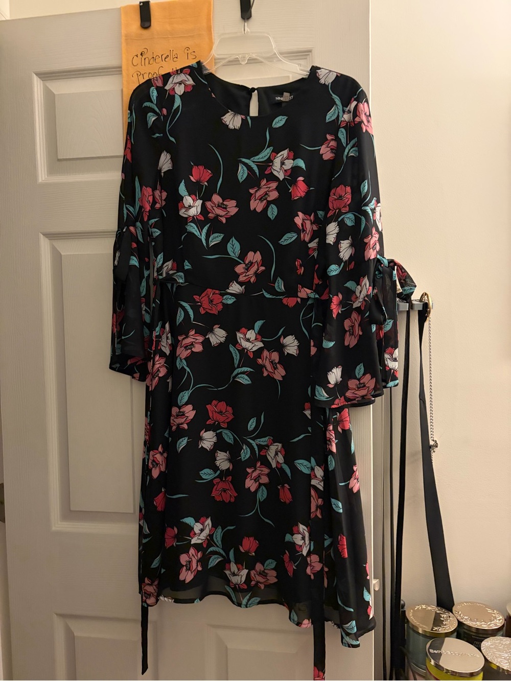 Nine West Black Floral Long-Sleeve Midi Dress